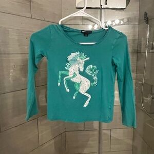 GAP Teal Long Sleeve Shirt with Sequin Unicorn’s Small